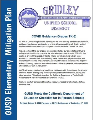Screenshot of COVID Mitigation Plan Cover page for Elementary, October 2022