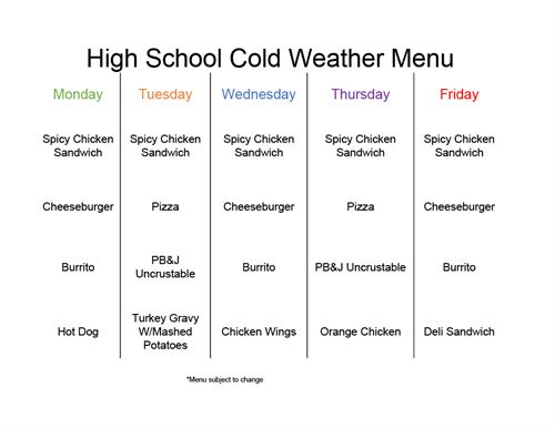 Cold weather menu for HS lunch